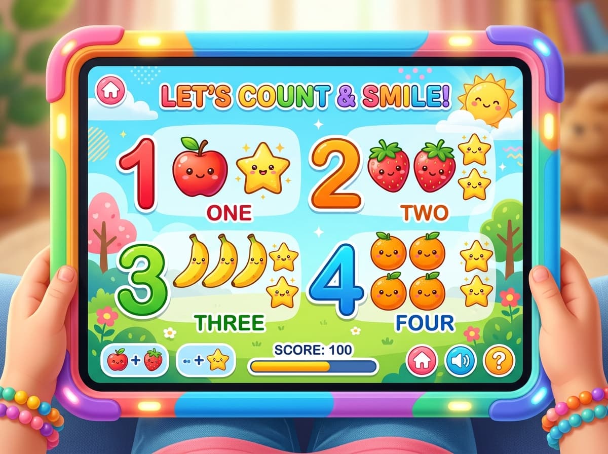 Kanak-kanak memegang tablet memainkan game mengira Edukids