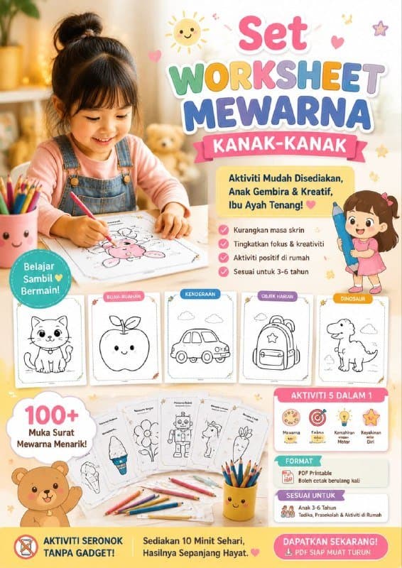 Poster set worksheet mewarna Edukids — kanak-kanak mewarna di atas kertas