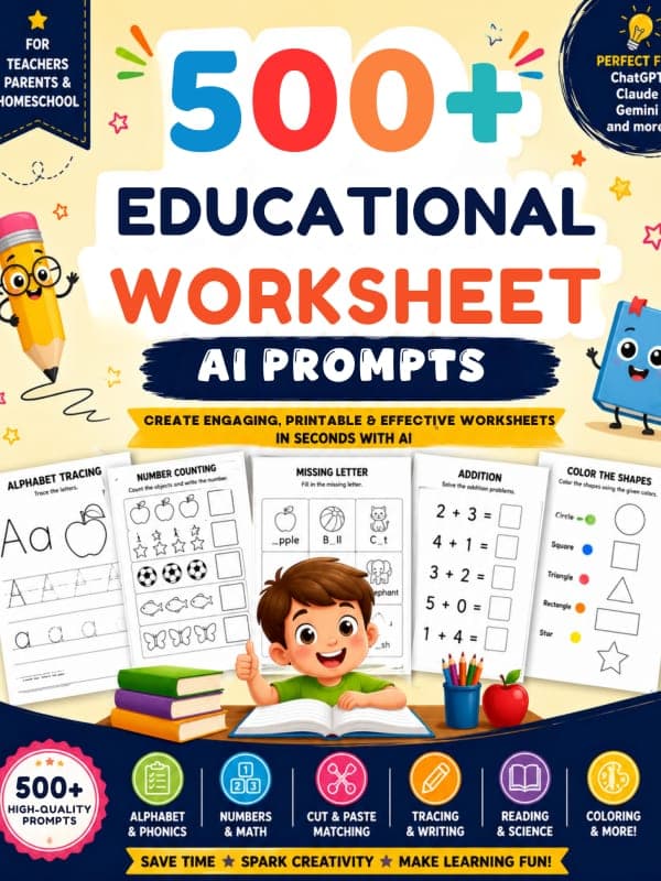 Kulit 500+ Prompt AI Worksheet — pakej prompt AI untuk membina worksheet prasekolah